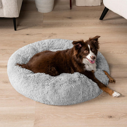 Calming Dog Bed for Small Medium Dogs and Cats, round Donut Washable Fluffy Faux Fur Plush Cuddler Pet Kitten Cushion, Anti-Slip, Fits up to 45 Lbs, 30 Inch, Light Gray