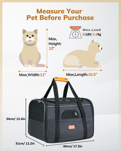 Soft-Sided Cat Carrier for Large and Medium Pets up to 18 lbs - Airline Approved with Safety Zippers and Foldable Bowl - Dark Gray