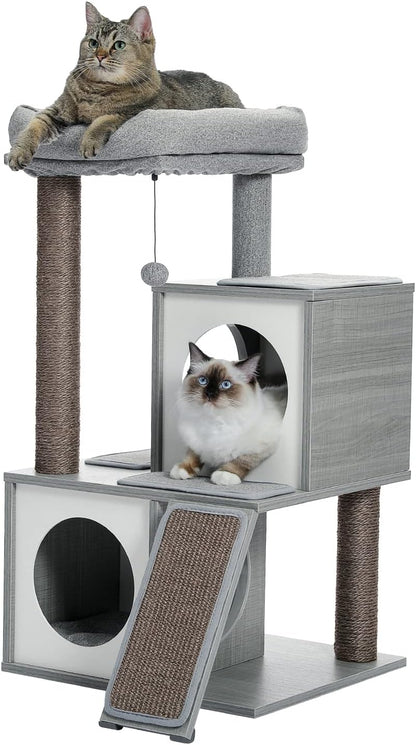 35-Inch Wooden Cat Tower with Double Condos, Spacious Perch, Fully Wrapped Sisal Scratching Posts, and Replaceable Dangling Balls - Gray