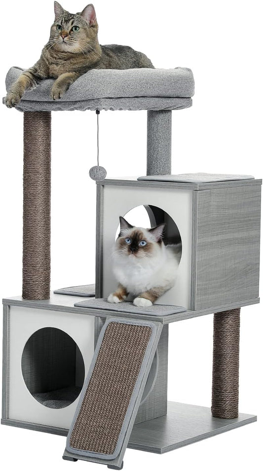 35-Inch Wooden Cat Tower with Double Condos, Spacious Perch, Fully Wrapped Sisal Scratching Posts, and Replaceable Dangling Balls - Gray