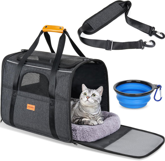 Soft-Sided Cat Carrier for Large and Medium Pets up to 18 lbs - Airline Approved with Safety Zippers and Foldable Bowl - Dark Gray