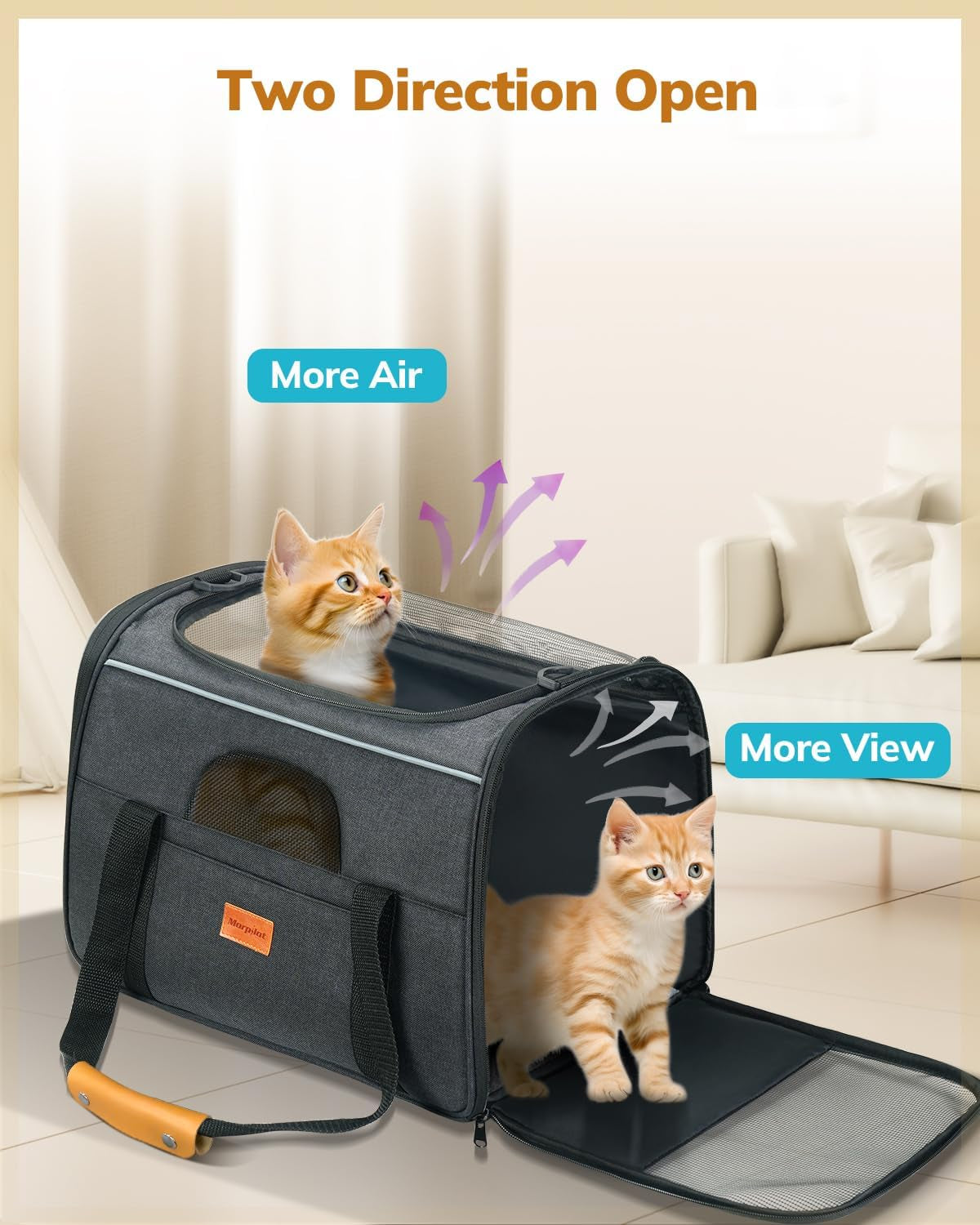 Soft-Sided Cat Carrier for Large and Medium Pets up to 18 lbs - Airline Approved with Safety Zippers and Foldable Bowl - Dark Gray