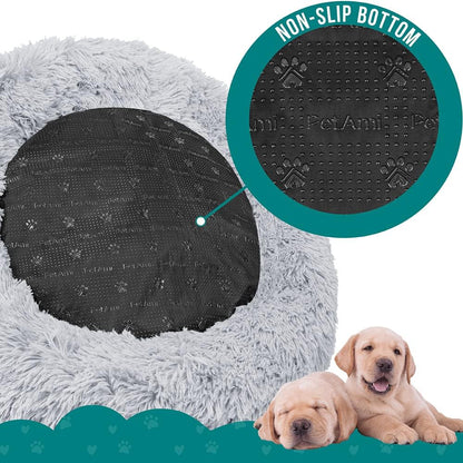 Calming Dog Bed for Small Medium Dogs and Cats, round Donut Washable Fluffy Faux Fur Plush Cuddler Pet Kitten Cushion, Anti-Slip, Fits up to 45 Lbs, 30 Inch, Light Gray